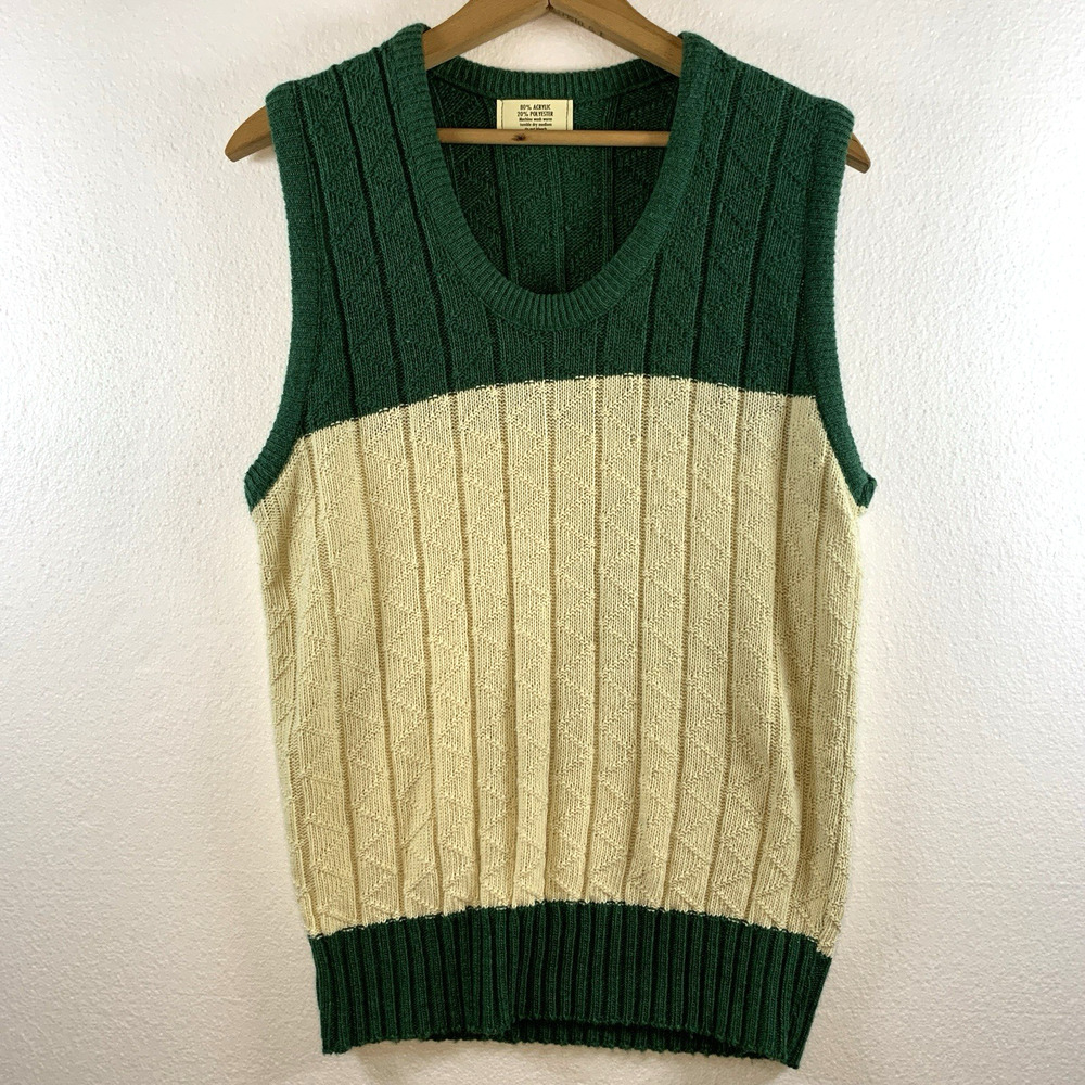Vintage Green and Cream Cable Knit Crewneck Sweater Vest